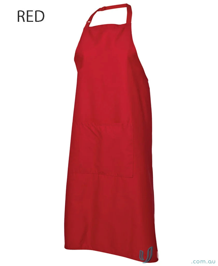Red JBs Bib Apron with pocket featuring a herringbone waist strap and neck strap