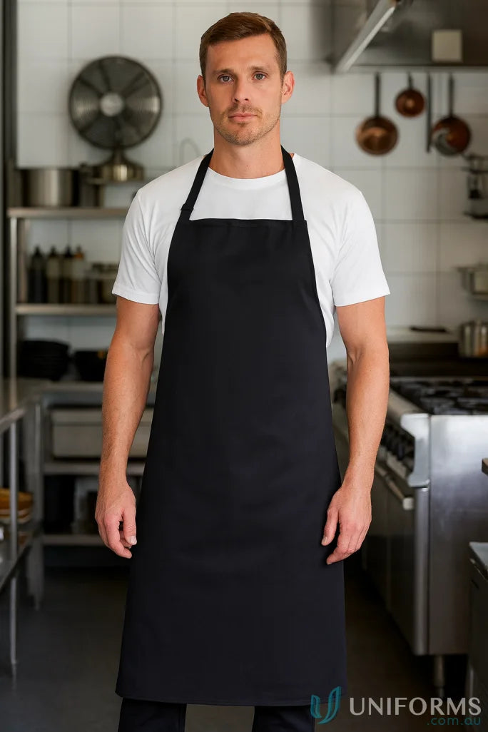 Black bib apron with neck strap, perfect workwear piece for work uniforms