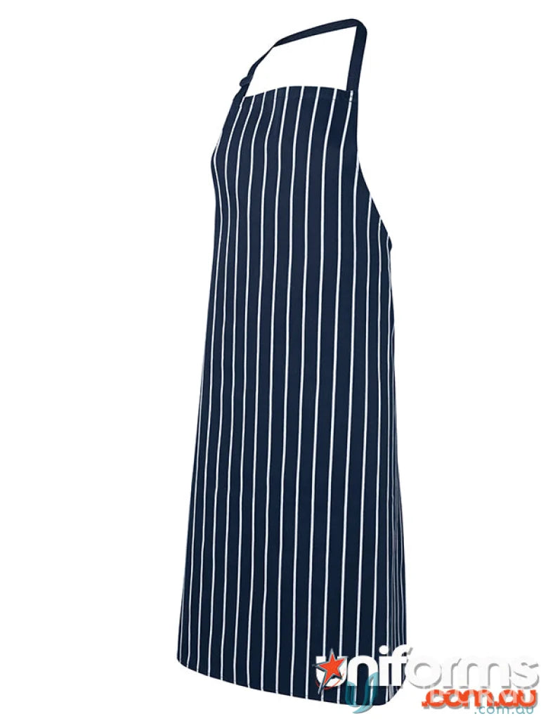 Navy and white striped apron with herringbone waist strap for work uniforms and all body types