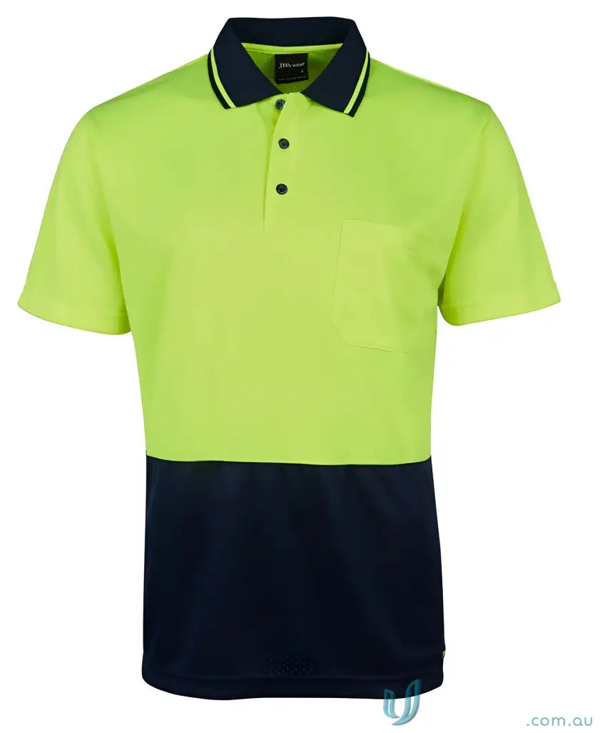 Two-toned Lime Green and Navy Blue JBs Breathable Jacquard SS Polo fabric for 2XS uniforms