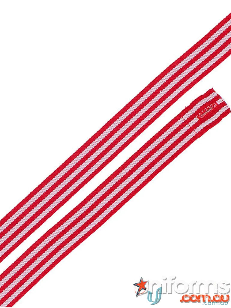 Red and white striped ribbon on JB’s Changeable Yarn Dyed Cross Back Apron Strap