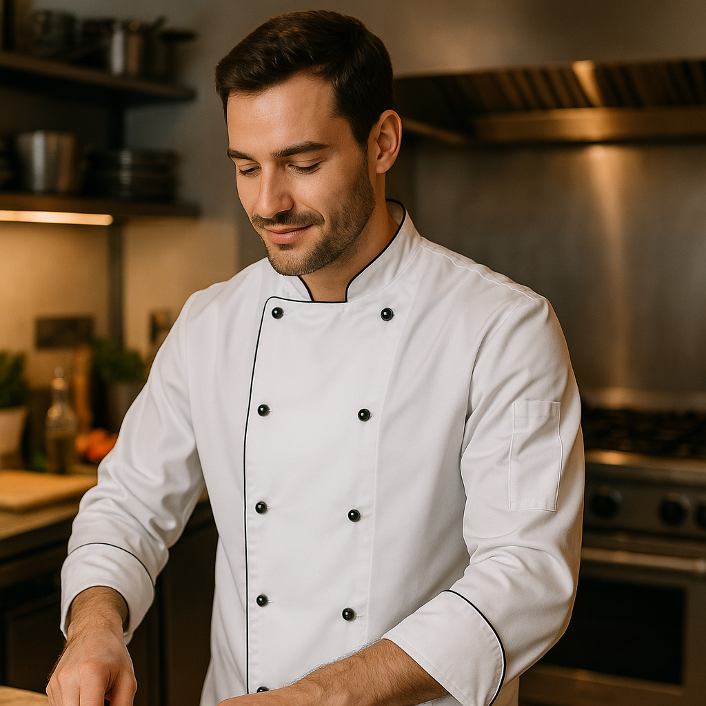 JBs Chefs long sleeve jacket 5cj in white with black buttons, drill fabric 245gsm