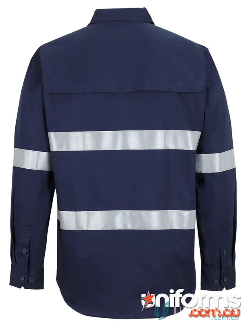 Navy blue JBs Close Front LS Reflective Work Shirt with reflective tape for uniforms and workwear