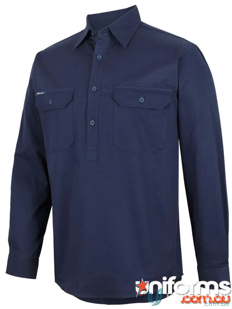 Dark blue JBs Close work shirt with chest pockets and three-button placket for uniforms