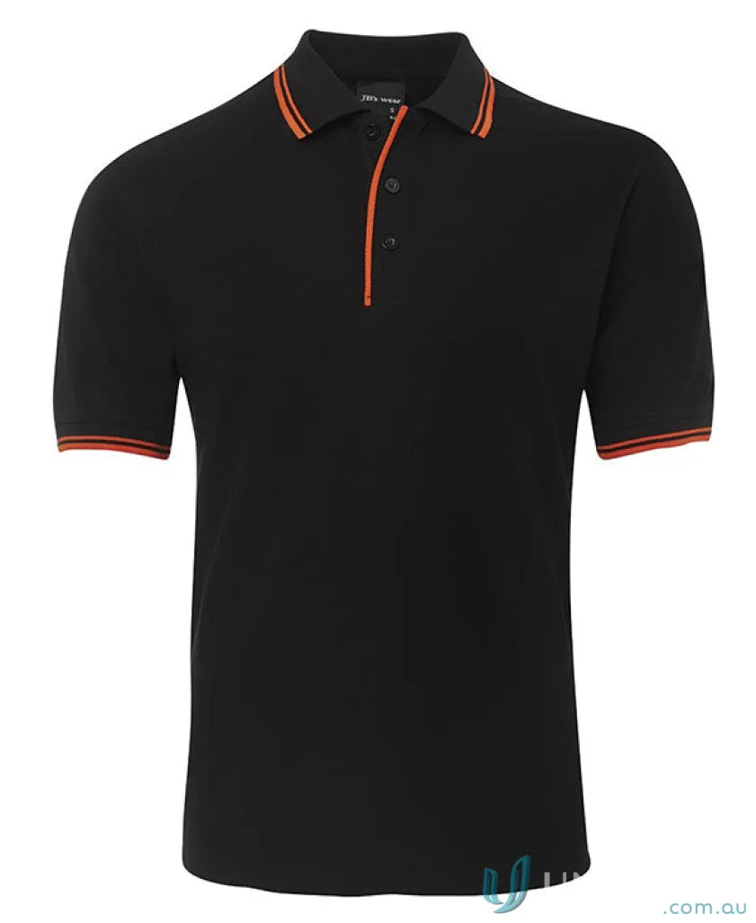 JBs Contrast Polo in black with orange trim, made from pique knit fabric for sun protection