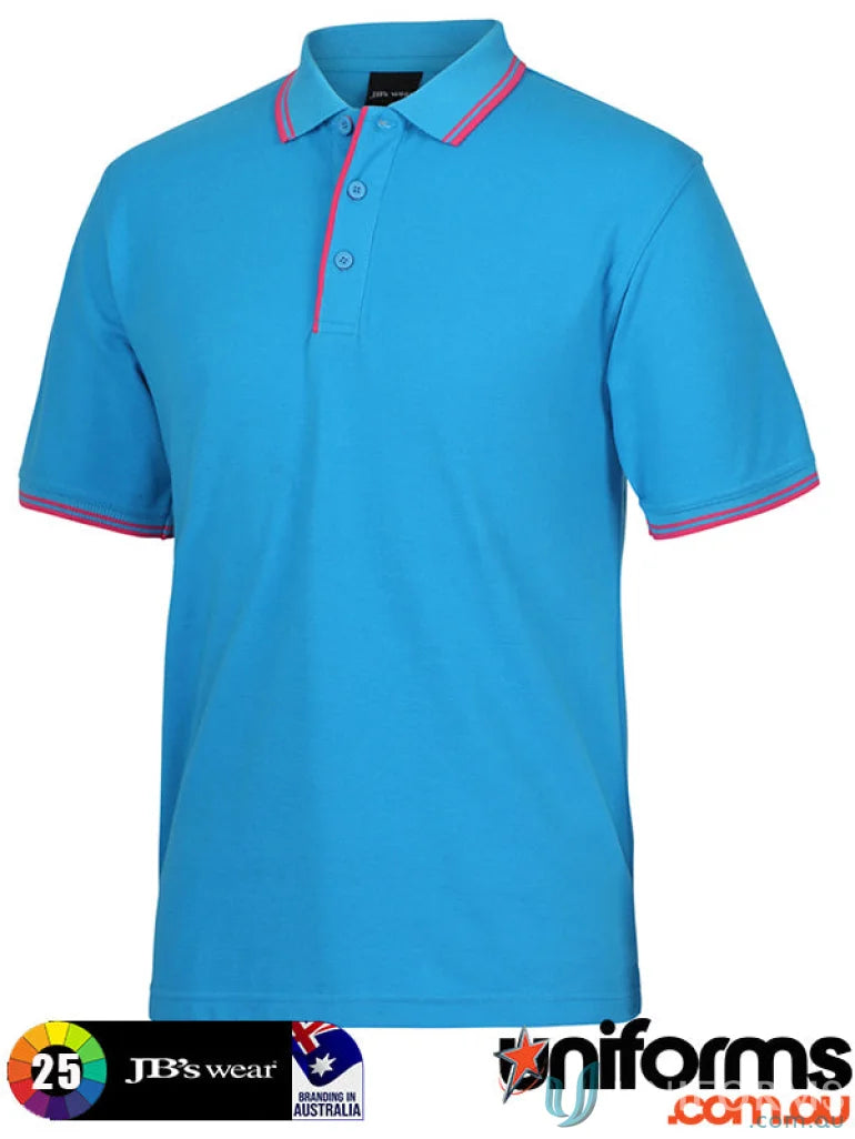 Blue JB’s Contrast Polo with pink trim, made of pique knit fabric for sun protection