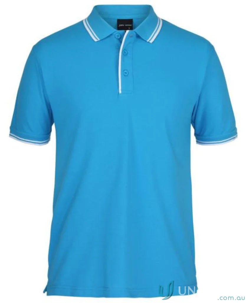 Blue JB’s Contrast Polo in pique knit fabric with white trim, perfect for sun protection
