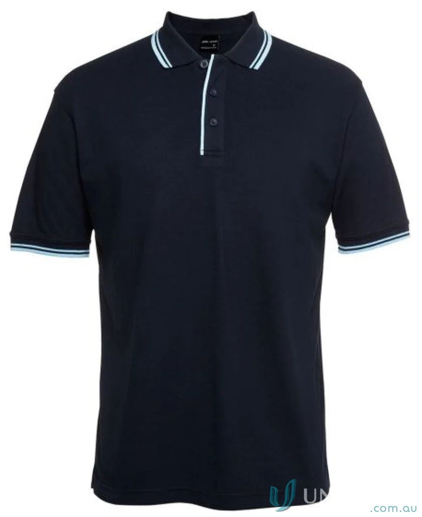 Navy blue Jb’s Contrast Polo in pique knit fabric with striped trim, sun protection style