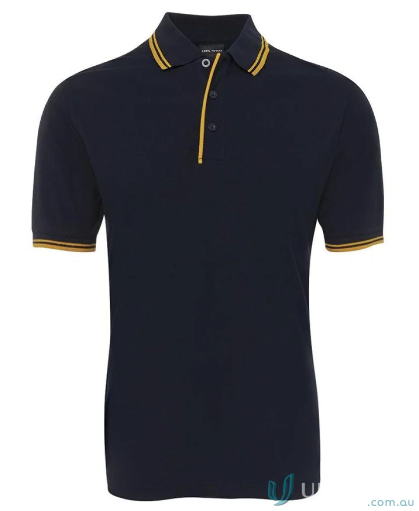 JBs Contrast Polo in navy with gold trim made from pique knit fabric for sun protection