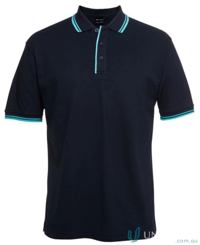 Navy JB’s Contrast Polo with light blue trim in pique knit fabric, sun protection style