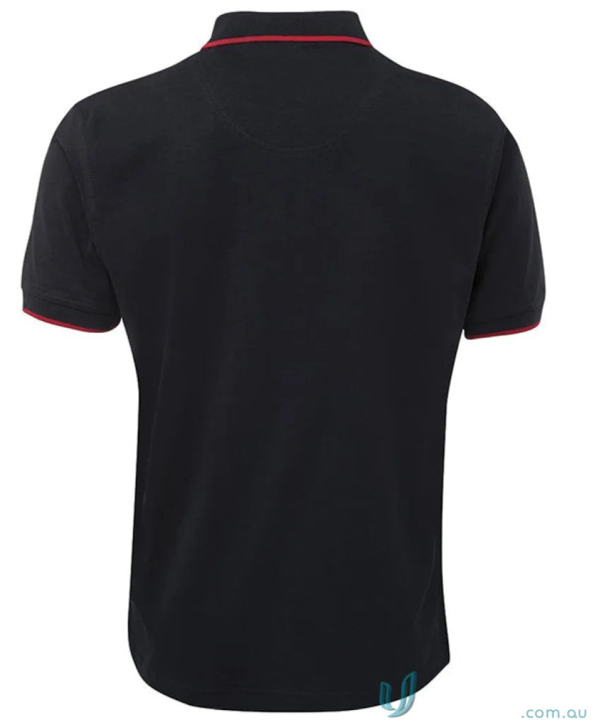 Black polo shirt with red trim from JBs Cotton Tipping collection, tipping polo code, UPF protection