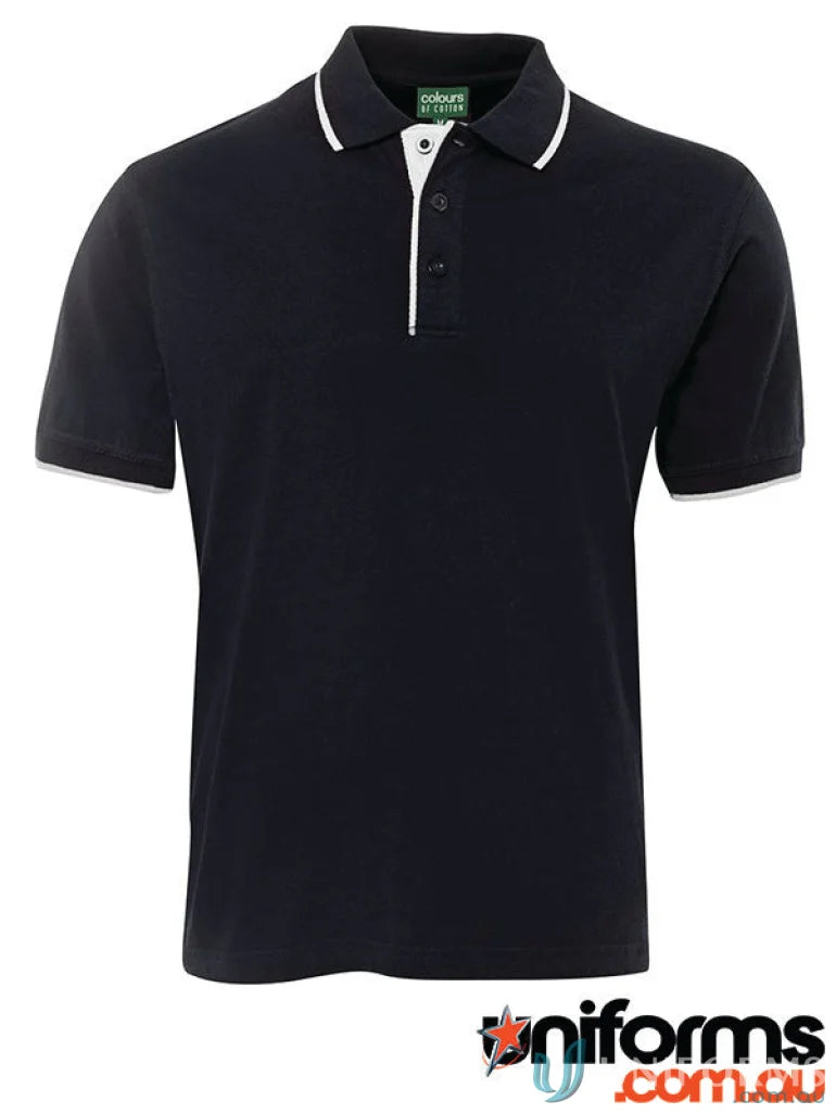 Black JB’s Cotton Tipping Polo shirt with white trim, great for UPF protection