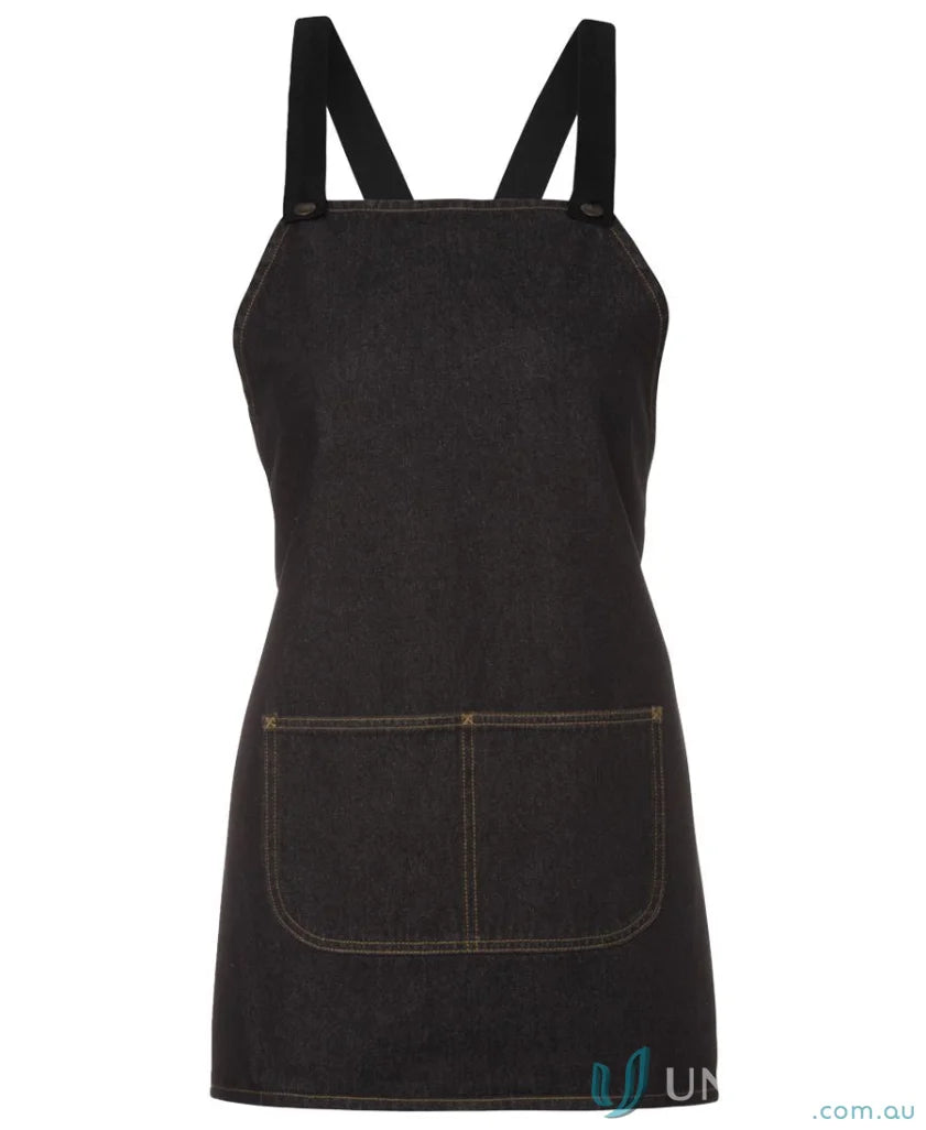Black denim apron with cross-back straps, perfect workwear and uniforms for professionals