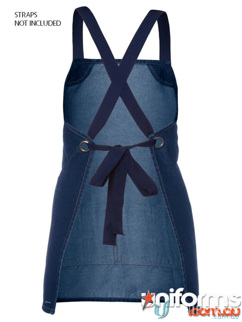 Blue denim apron with cross-back straps, ideal for workwear and uniforms
