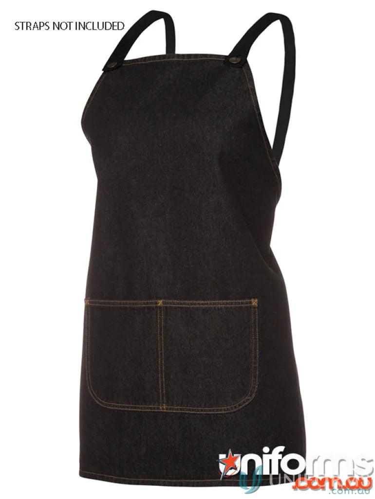 Stylish black denim apron with front pockets and adjustable straps for work or casual wear