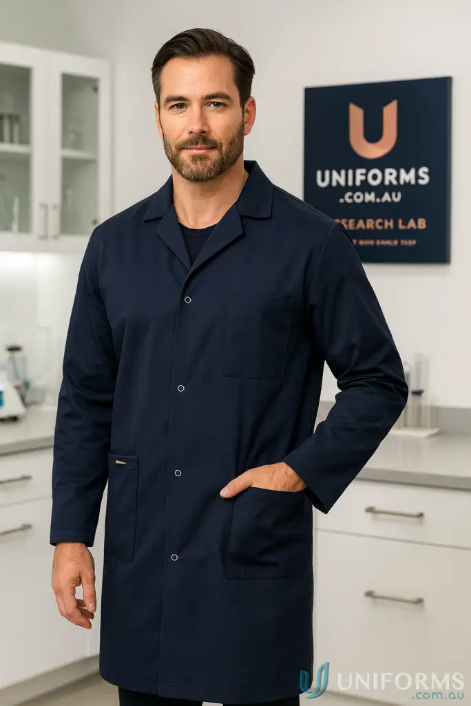 Men’s navy blue JBs Dust Lab Coat with front buttons and pockets for lab work