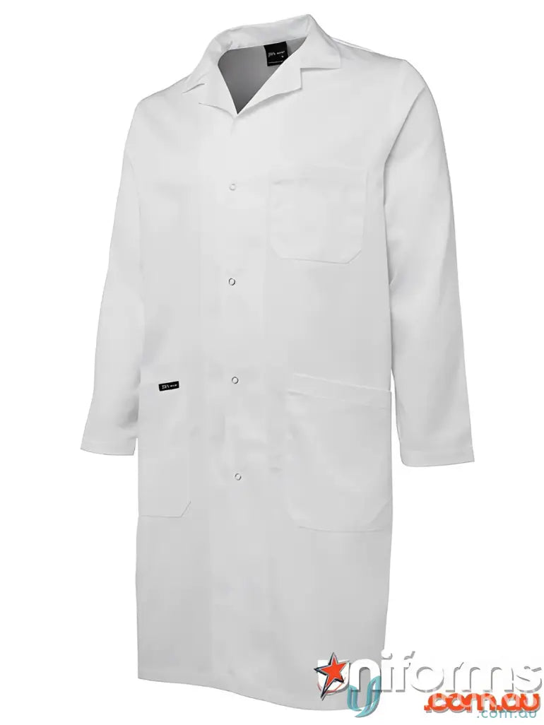 White JBs Dust Lab Coat with long sleeves, collar, buttons, and pockets for lab work