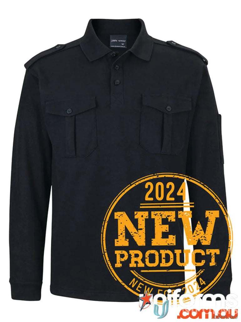 Black JB’s Epaulette LS Polo in pique knit fabric, perfect for a stylish long sleeve polo vibe