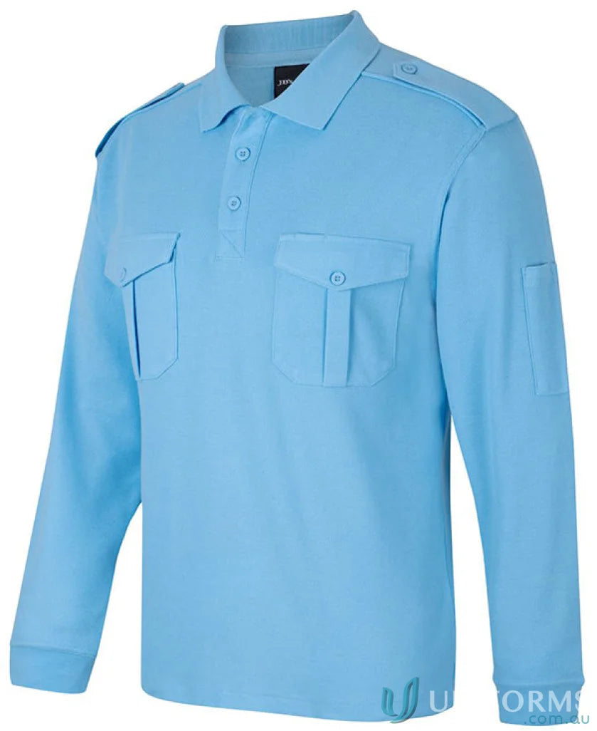 Light blue jb’s Epaulette LS Polo in pique knit fabric, perfect for a long sleeve polo style