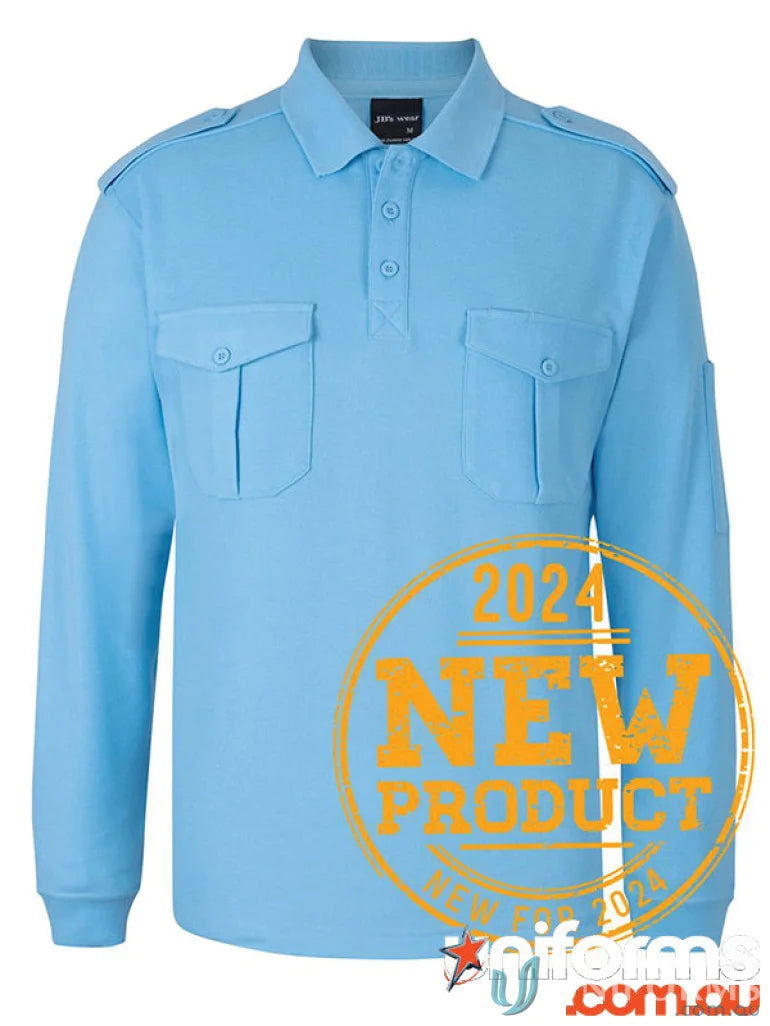 Light blue epaulette long sleeve polo shirt in pique knit fabric from JBS EPaulette LS Polo