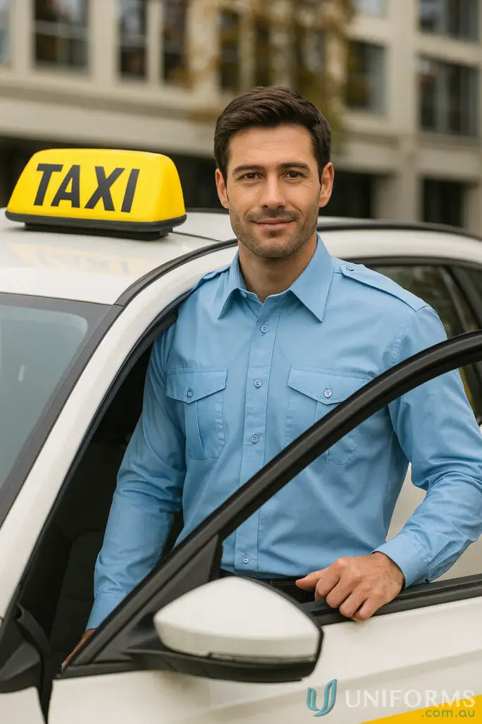 Man in JB’s Epaulette LS Shirt with button-down chest pockets next to white taxi
