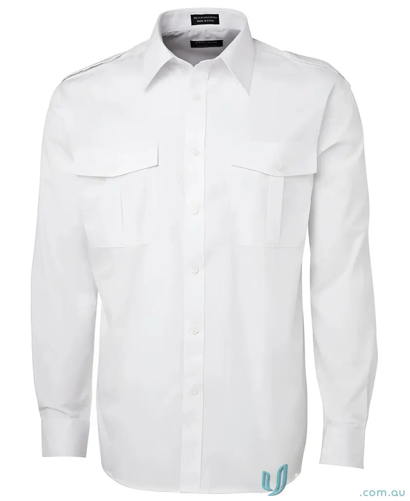 Men’s long-sleeve white pilot shirt with button-down chest pockets from JB’s Epaulette Long collection