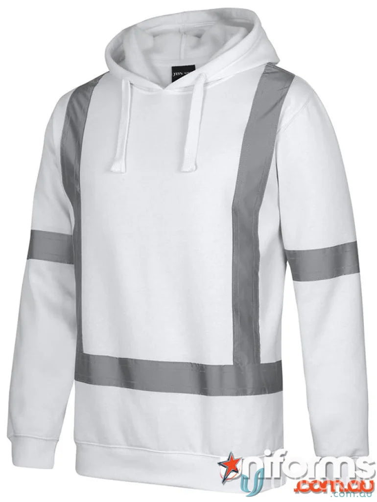 White hooded sweatshirt with pattern reflective tape for visibility in JB’s Fleece Hoodie