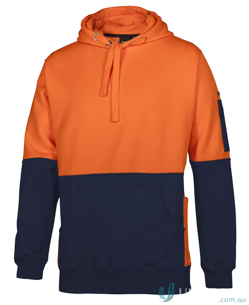 Two-tone orange and navy JBS HI VIS 330G hoodie with panel pocket for uniforms