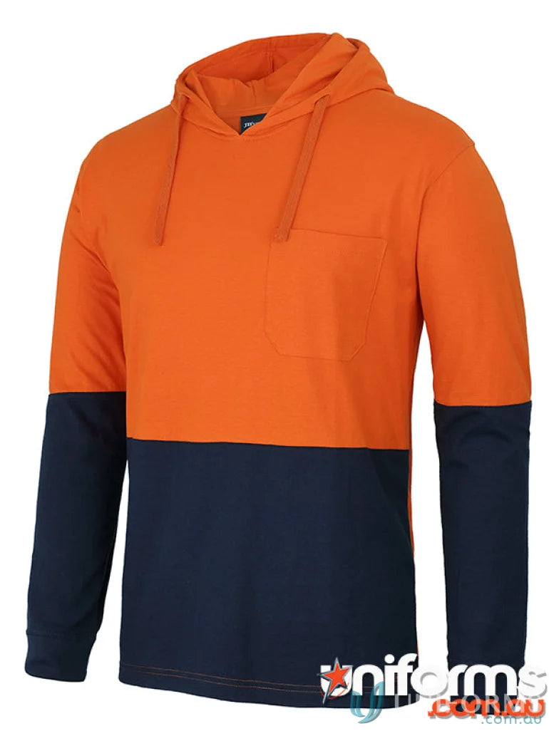 Orange and navy blue work hoodie with front pocket from JB’s Hi Vis L/S Cotton Tee for safety standards and workwear