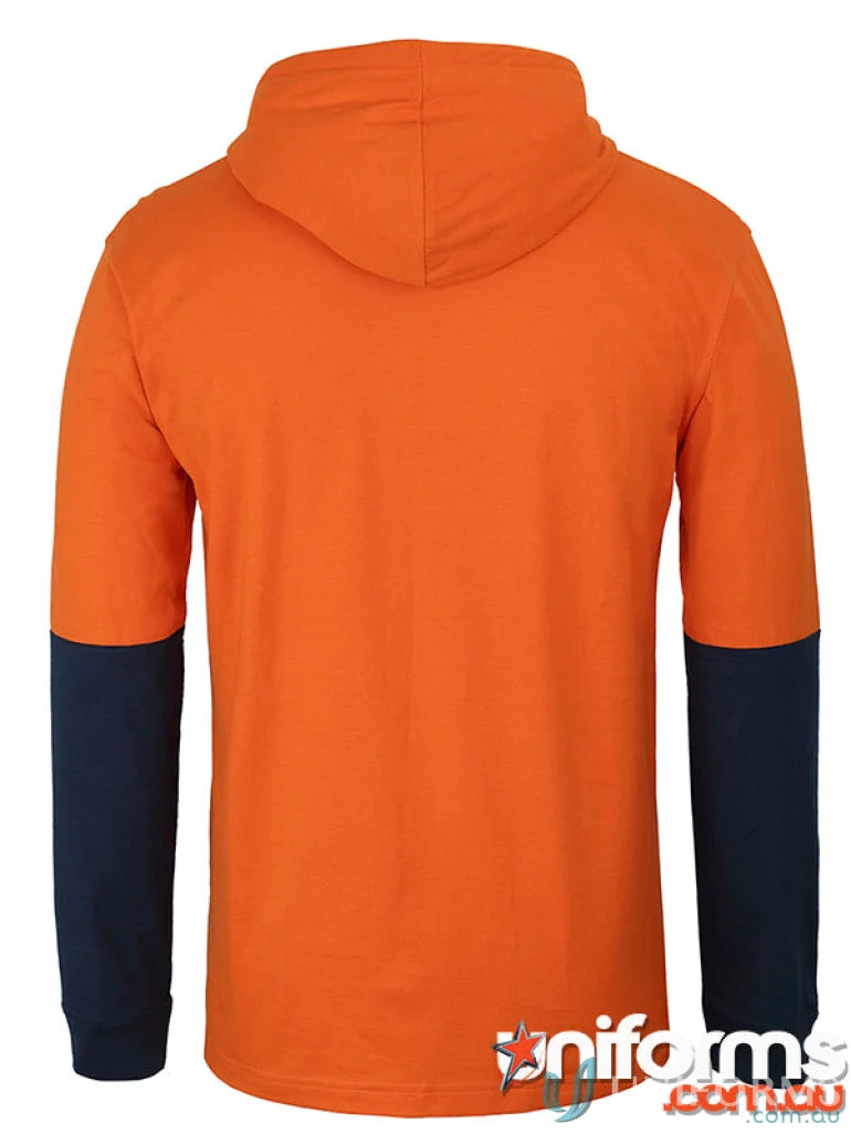 Orange and navy blue long-sleeved workwear hoodie for safety standards and uniforms
