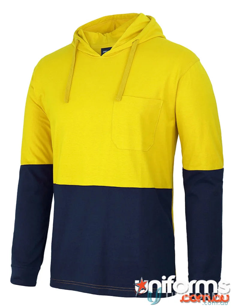 Two-toned yellow and navy blue work shirt with hood and chest pocket for safety standards