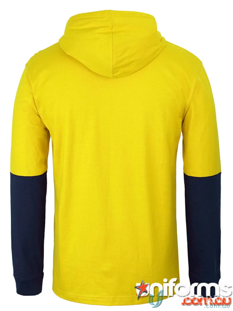 Yellow long-sleeved hoodie with dark blue sleeves from JB’s Hi Vis workwear for safety standards
