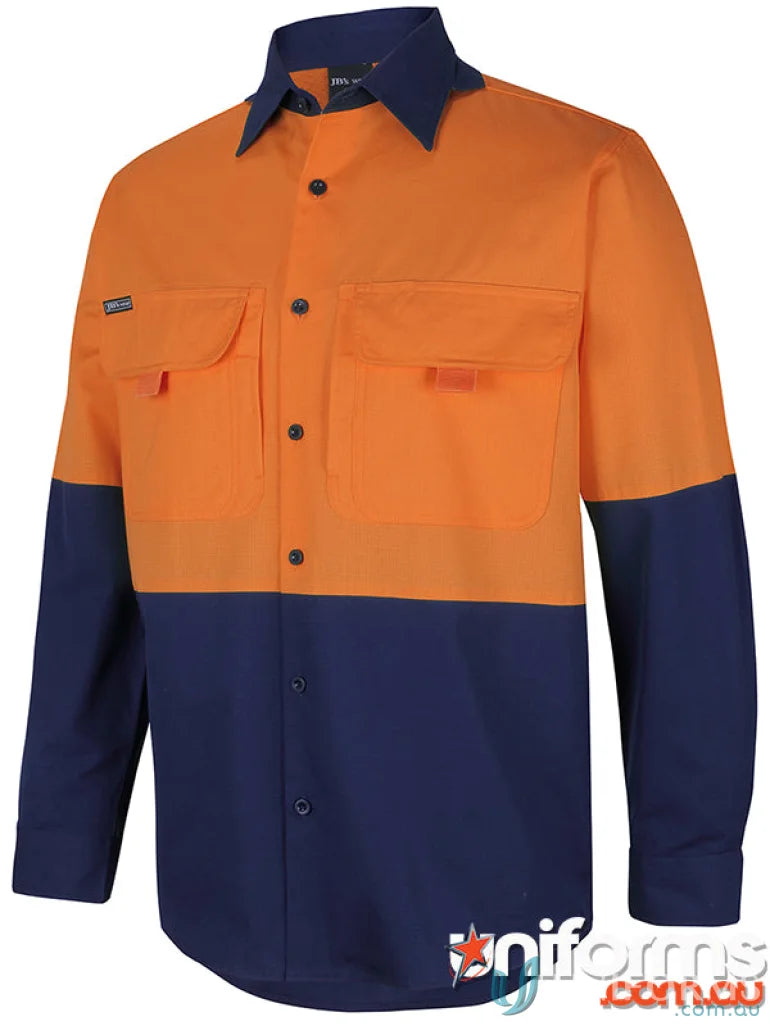 JB’S HI VIS Ripstop L/S Fishing Shirt with contrast panels and two-piece collar