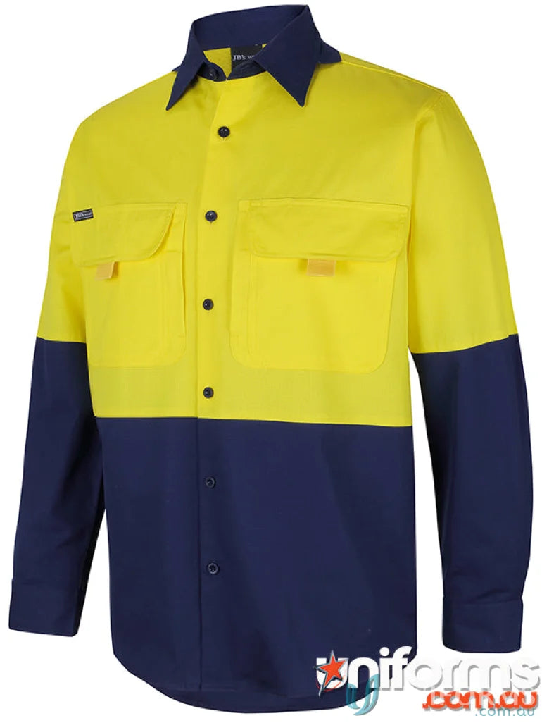 JB’S HI VIS Ripstop L/S Fishing Shirt with contrast panels and two-piece collar