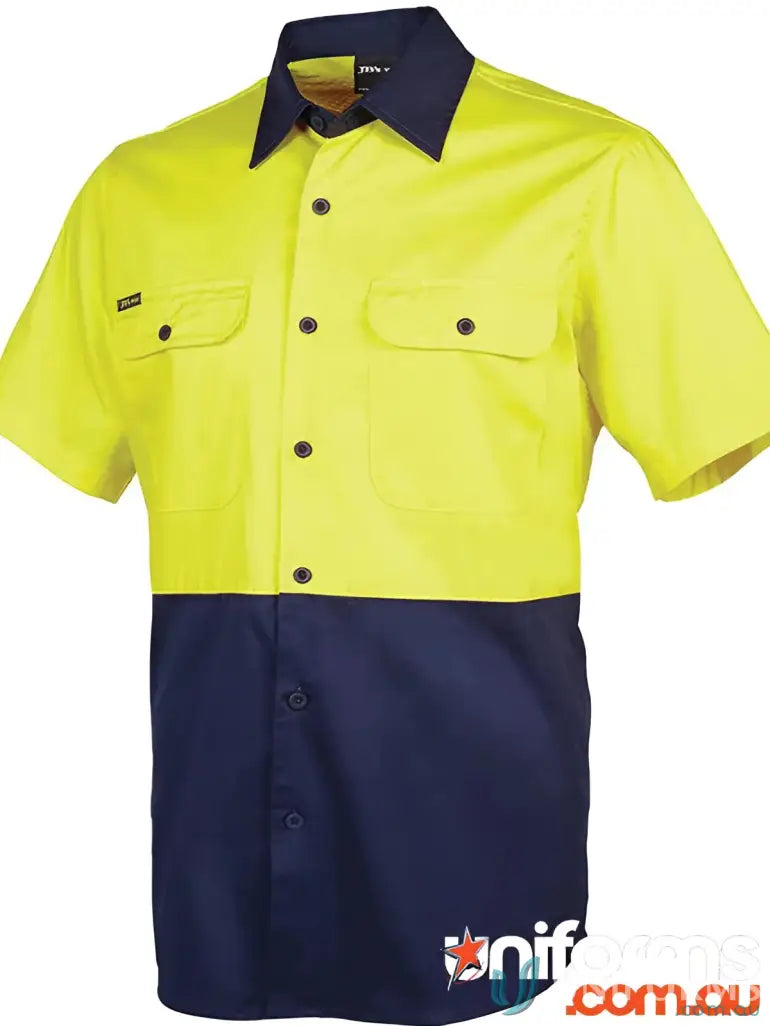 JBs HI VIS S/S 150G Shirt work uniform with yellow and navy, chest pockets, button-up