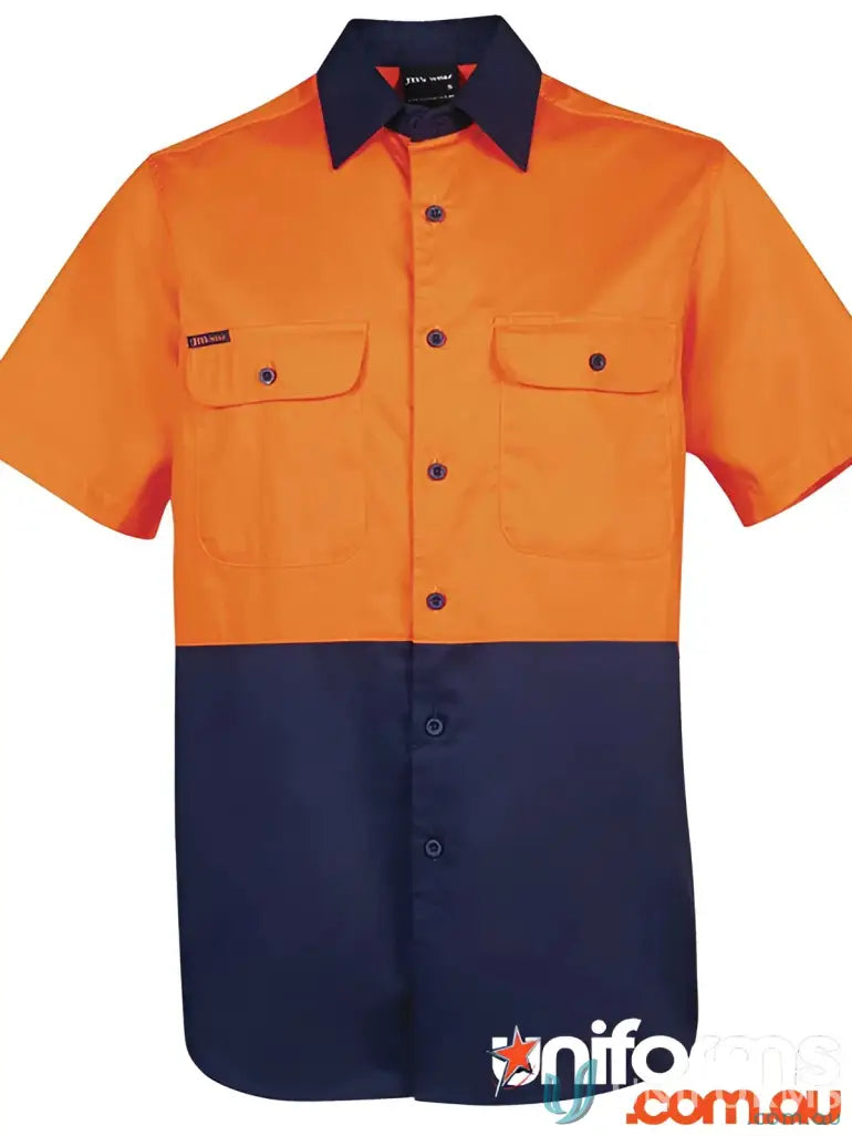 Two-toned JB’s HI VIS S/S 150G Shirt work uniforms with front buttons and chest pockets