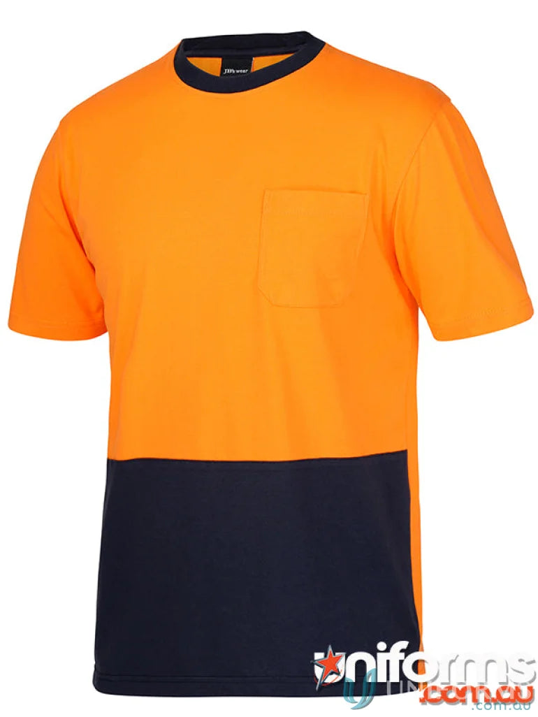 Orange and navy color-block JB’s Hi Vis S/S Crew Neck Cotton T Shirt, perfect fit for extra large work uniforms