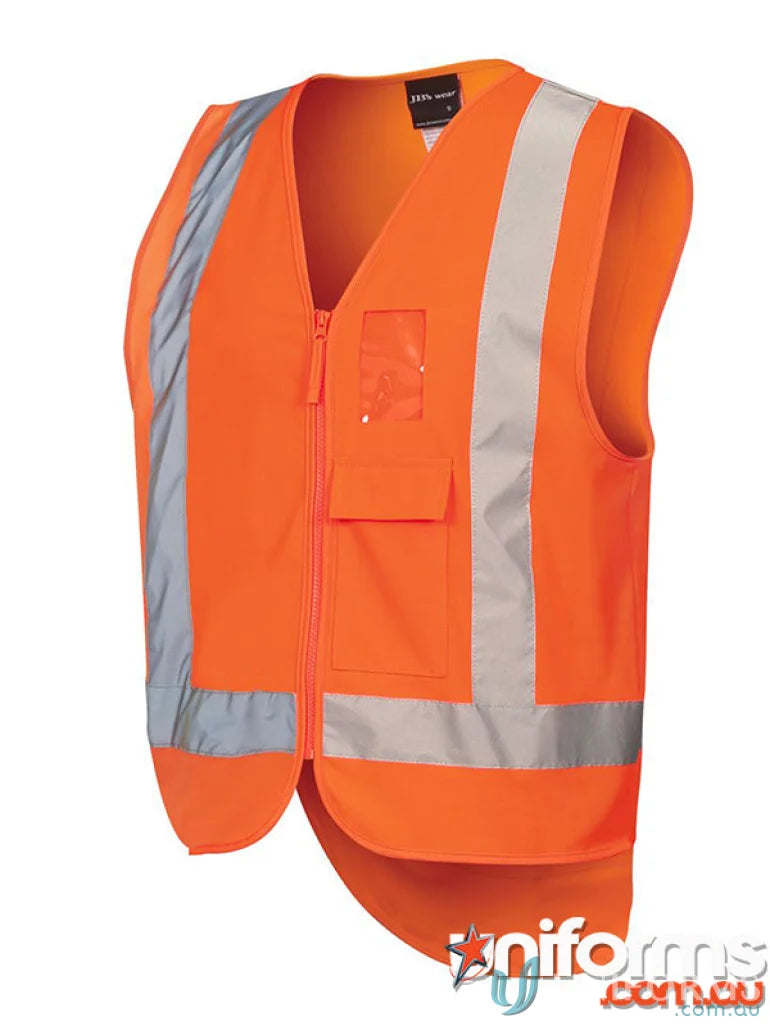 Orange high-visibility safety vest with reflective stripes and pockets for extra large work uniforms Australian standards