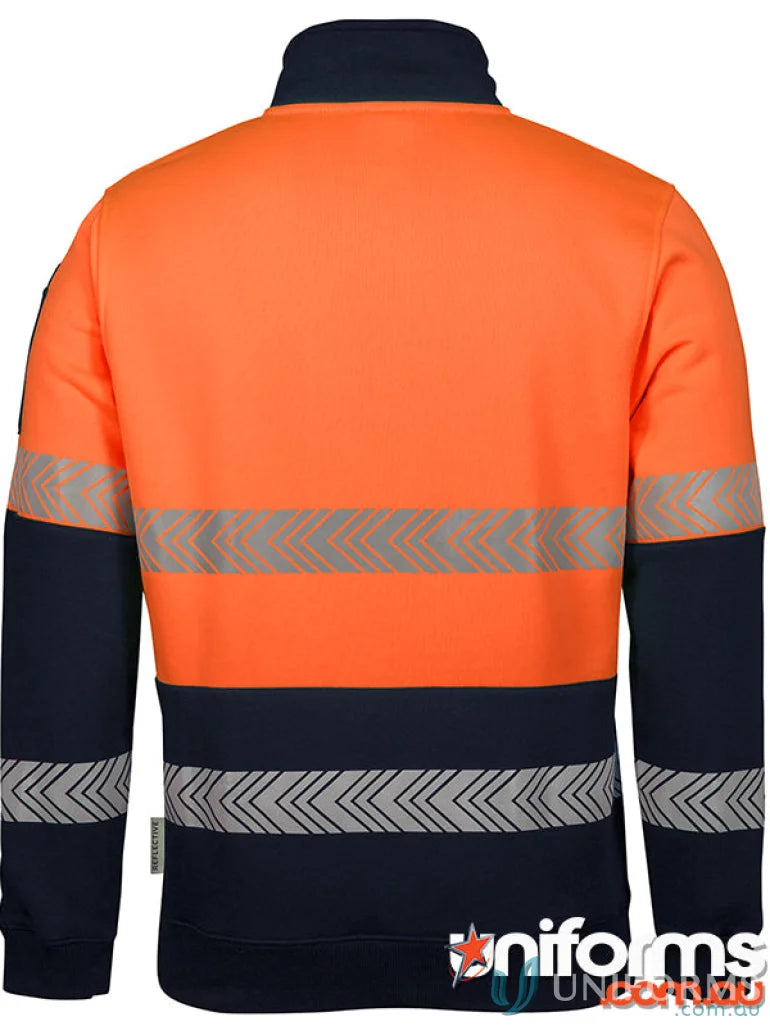 Orange and navy blue work shirt with reflective stripes and vis zip segmented tape