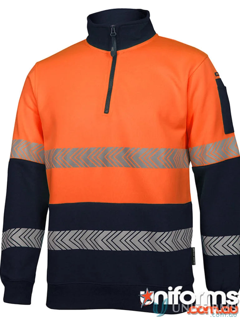 Orange and navy blue work shirt with reflective stripes, vis zip segmented fleece style