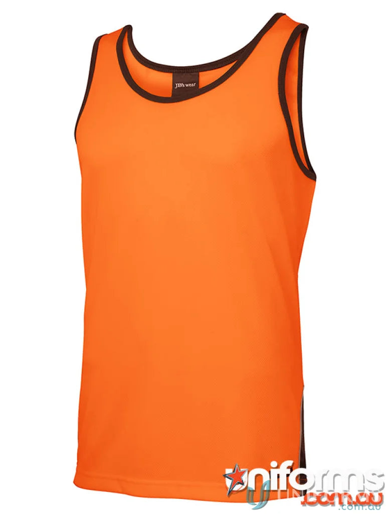 Orange tank top with black trim from JB’s HiVis Contrast Singlet, moisture-wicking work uniforms