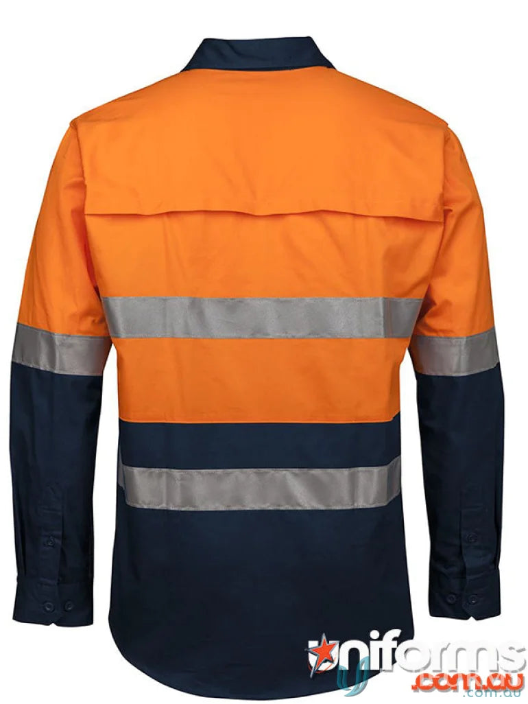 Orange and navy blue work shirt with reflective stripes and collar for uniforms