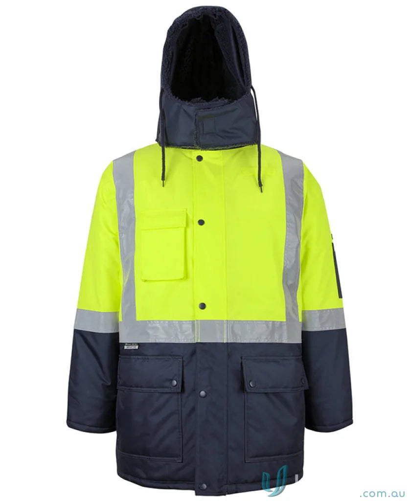 High-visibility hooded work jacket with detachable hood and UPF protection for extra warmth