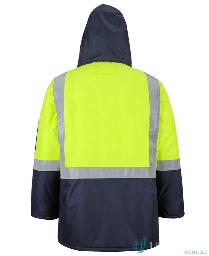 High-visibility hooded work jacket with detachable hood and UPF protection for extra warmth