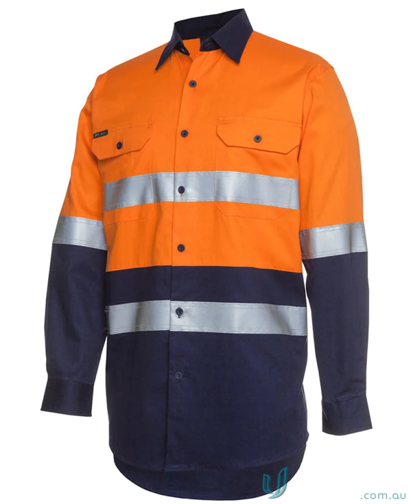Orange and navy blue high-vis work shirt with reflective tape for Australian safety standards