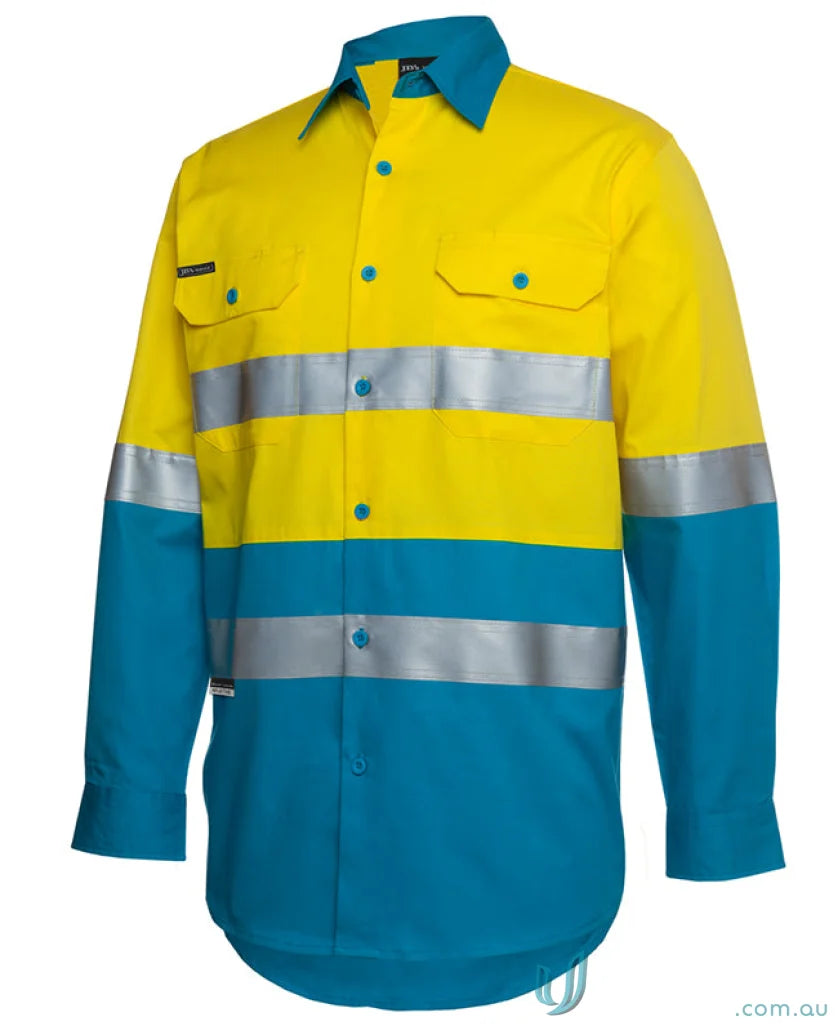 Yellow and blue high-vis work shirt with reflective tape for Australian safety standards