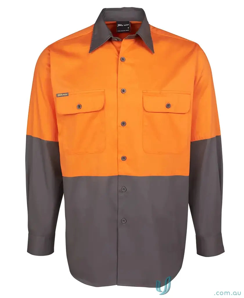 Orange and gray JB’s HiVis LS Light Work Shirt with collar, perfect for 9XL uniforms