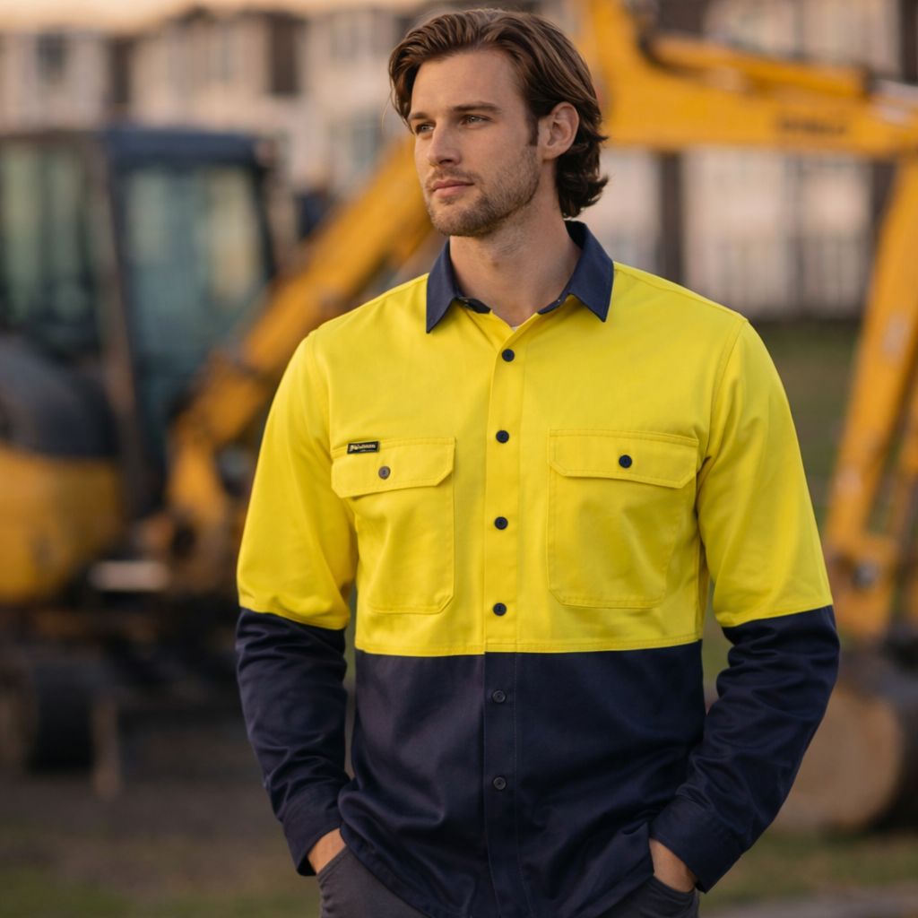 JBs HiVis LS Stretch Shirt: bright yellow navy work uniform with two-piece collar