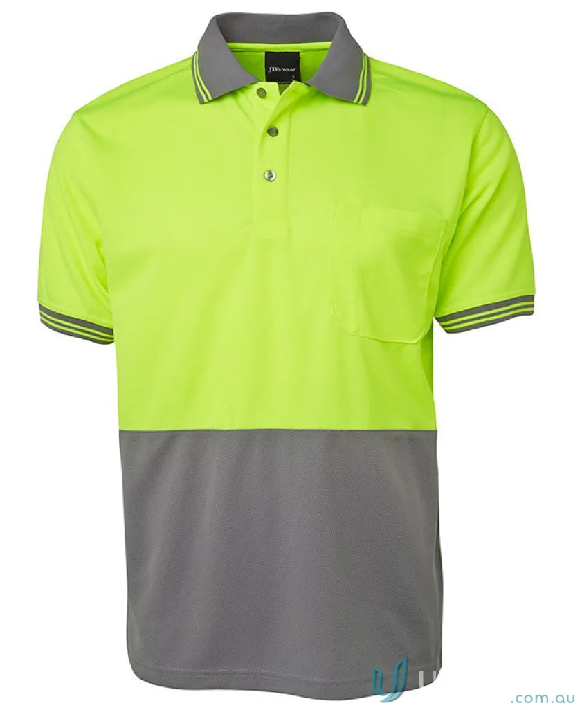 Two-tone lime hi-vis polo shirt with comfortable fabric from JBs HiVis S/S Traditional Polo, size 2XS