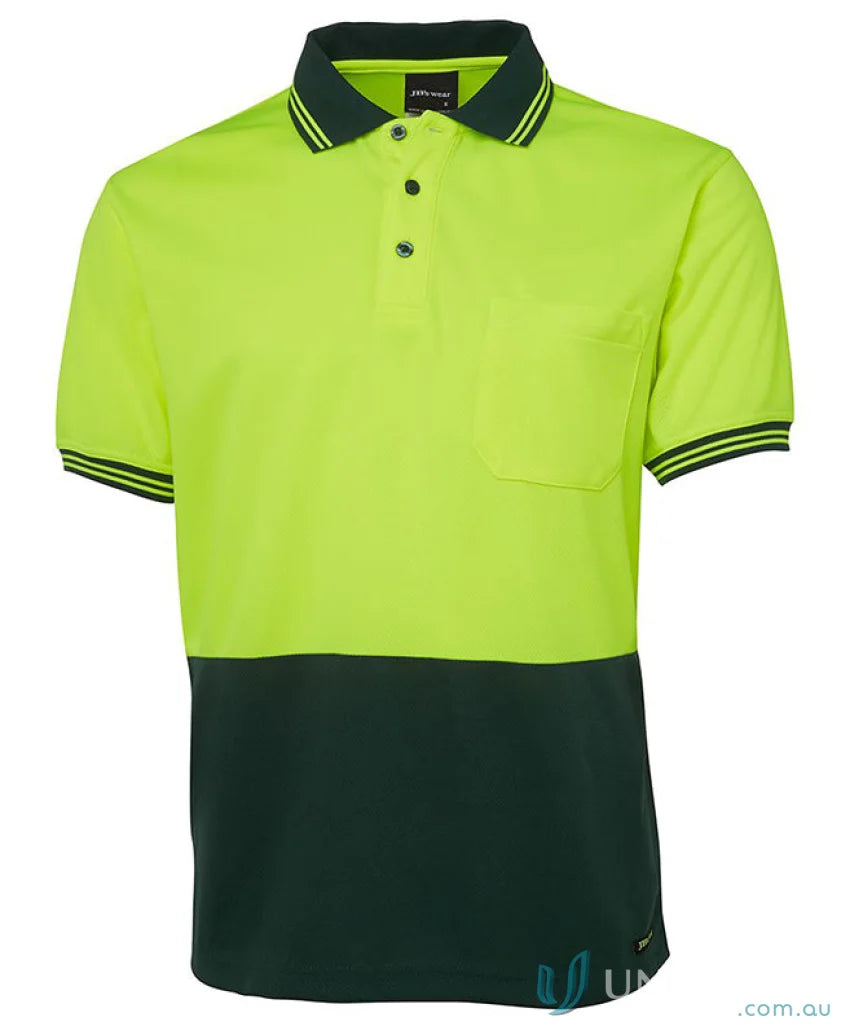 Two-tone safety polo shirt in lime fabric, perfect for 2XS size at JBs HiVis S/S Traditional Polo